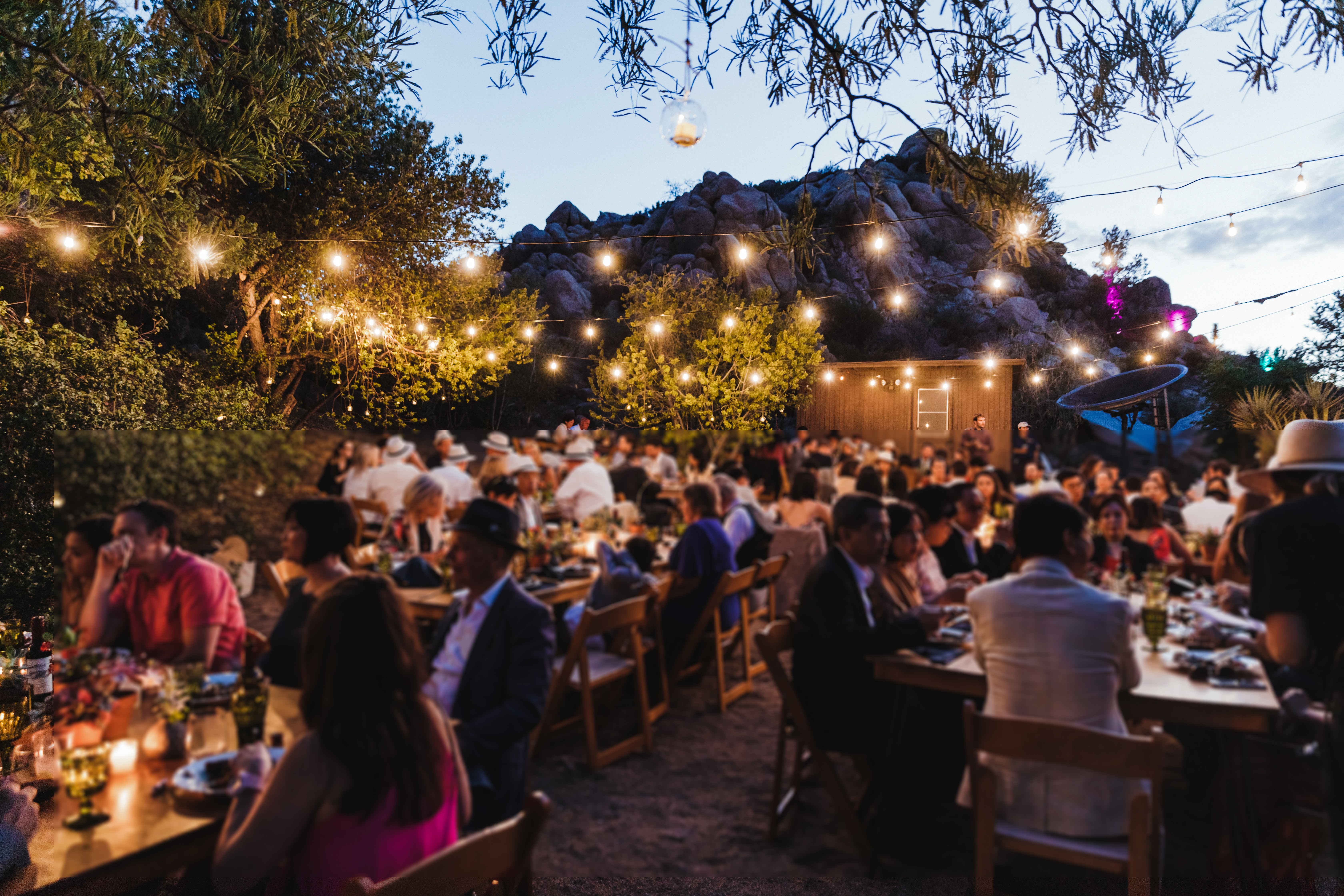 Dinner in the backyard with a dramatic backdrop